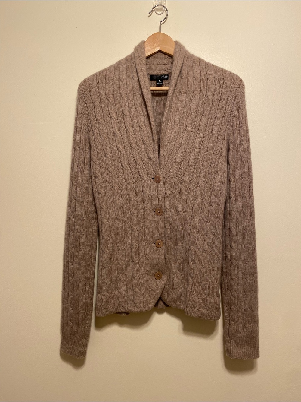 Aqua Cashmere Taupe Cable-Knit Shawl Collar Cardigan. Size M